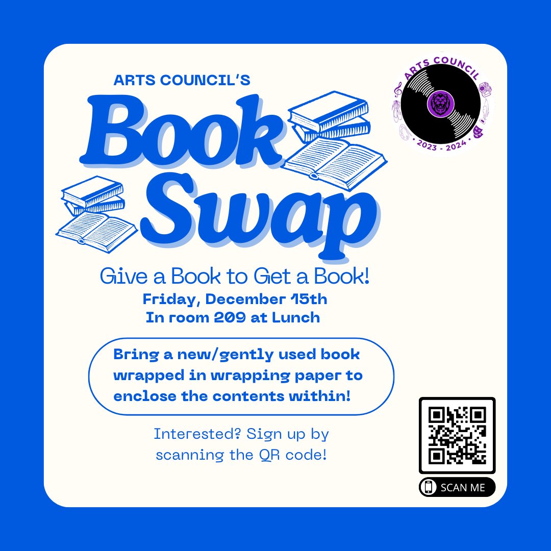Hey Lions, get ready for the return of the Arts Council's Book Swab Event! If you are interested in participating, sign up by scanning the QR code!