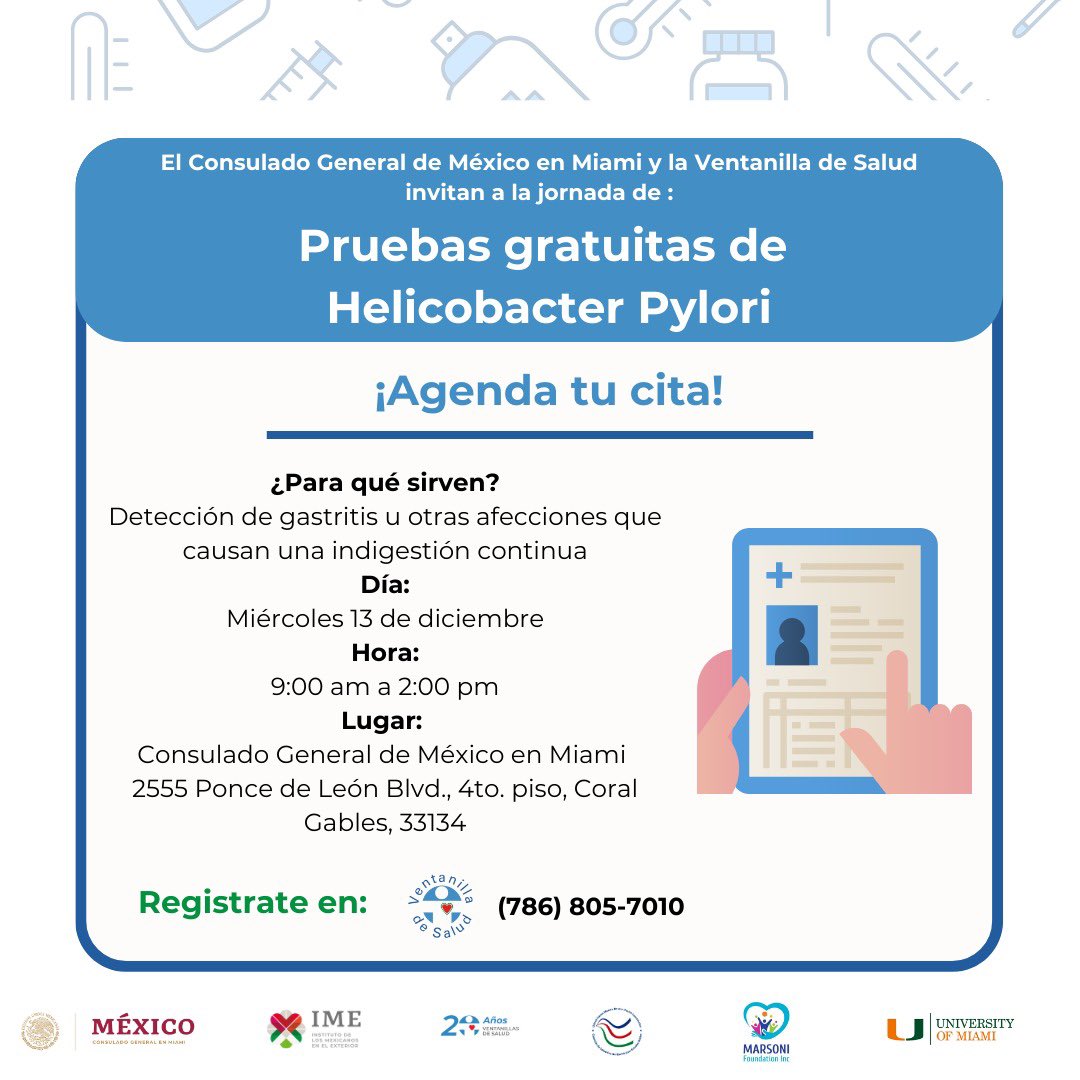 📔¿Sabes qué es el #HelicobacterPylori? El próximo miércoles 13 de diciembre la <a href="/VDS_UM/">Ventanilla de Salud</a> <a href="/MarsoniFdt/">Marsoni Foundation</a> realizará pruebas gratuitas en el <a href="/ConsulMexMia/">ConsulMex Miami</a>.
📔Haz tu cita y súmate a la cultura de la #prevención:
☎️ (786) 8057010
El #HelicobapterPylori es una infección que puede causar