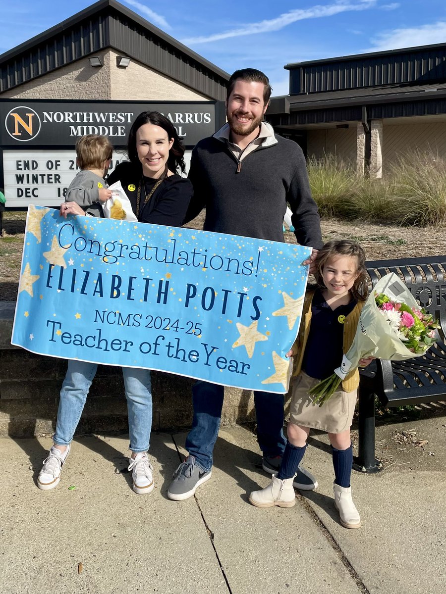 Today we had the honor of surprising Ms. Potts at lunch as she was named our NCMS Teacher of the Year! Ms. Potts’ family was able to join us for the surprise which made it even sweeter! 🧡🖤