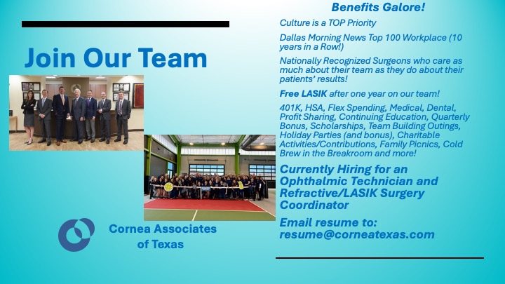 lasik's tweet photo. Looking for a new opportunity? We have great benefits and amazing doctors! We are looking to hire an Ophthalmic Technician and a Refractive/LASIK Surgery Coordinator. Come join our growing team! If interested, please email your resume to resume@corneatexas.com https://t.co/hlCVqcI9ZC