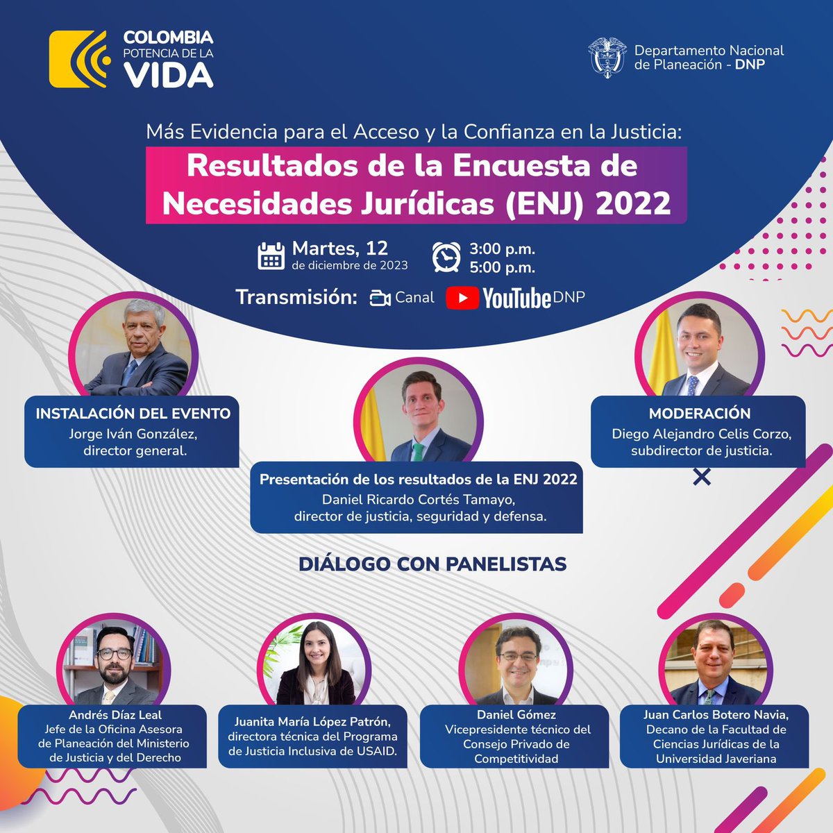 DNP_Colombia's tweet photo. 📢 Acompáñanos a descubrir las tendencias y desafíos identificados en la Encuesta de Necesidades Jurídicas 2022, una herramienta esencial para entender y fortalecer la justicia centrada en las personas.

🗓️ 12 de diciembre 
⏰ 3:00 p.m.
No te lo pierdas 👉https://t.co/SAPlZcB5Uz https://t.co/LjXOjhvl6c