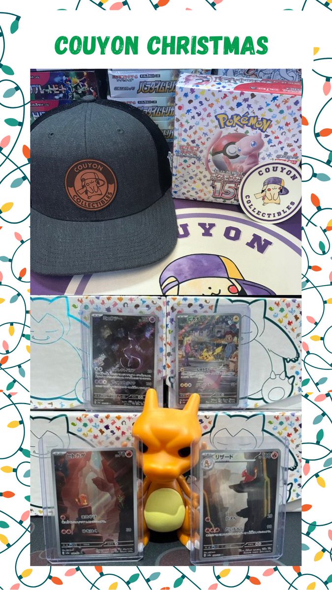 CouyonCollect's tweet photo. 🎁 🎄COUYON CHRISTMAS 🎄🎁
                      ⏩WEEK 2⏪

😈Each week of December we will be running a giveaway with some great people in the Pokémon community!

This week we are giving away:

- another 1 of 12 custom Couyon Collectibles Hat 🧢 by @BrandedBills 
- a 151 booster box 😱
- and @RizzleRipz is adding some amazing Art Rare presents!  🎁 

DO THIS TO ENTER⬇️⬇️
🎄- Like
❄️- RT
🎅- Follow @RizzleRipz and US

☃️Dude is fun to watch rip open packs and gives alot away! Check him out here too⤵️⤵️

📺 YouTube ↙️⬇️↘️
https://t.co/8k3d90hnDy

Twitch ↙️⬇️↘️
 https://t.co/BE4MzmqtbY

Ends on December 15th at 5pm cst

The next week giveaway will start right after this one ends 😈🎁

US only, No international entries