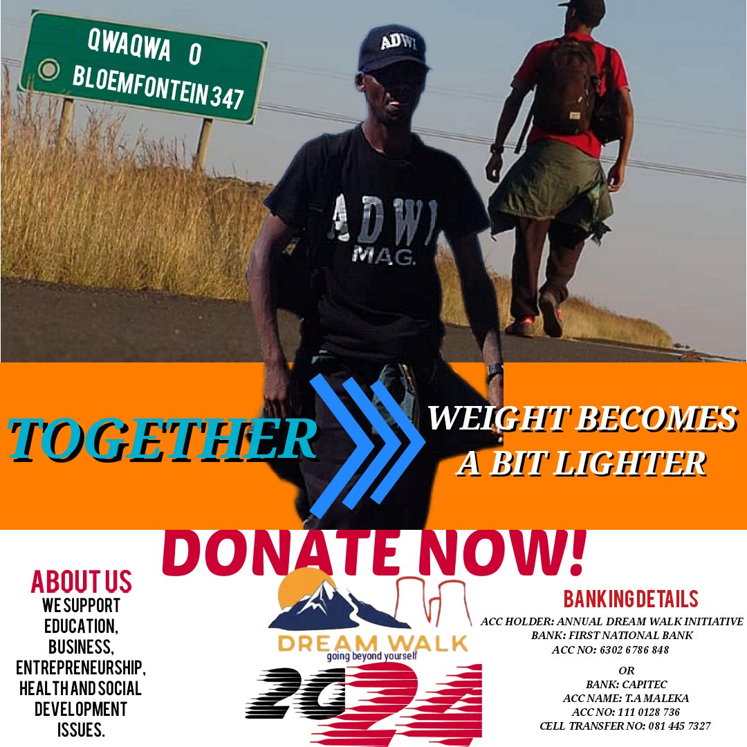 WalkEvents's tweet image. I am going to walk 347km distance from Qwaqwa to Bloemfontein over 12DAYS to raise funds for my How Can I Help/Nka Thusa Jwang? FOUNDATION to take learners to Varsity &amp;amp; schools next year

Your Sponsorship/Donation will go a long way in making this a reality

Donate/Sponsor TODAY.