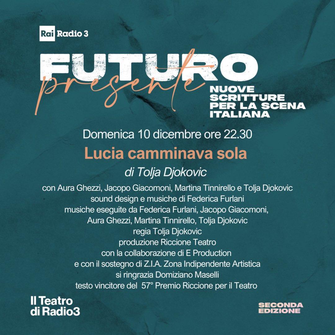 Simone Bruscia (@simonebruscia) on Twitter photo Debutta alla radio il testo vincitore del Premio Riccione • Lucia camminava sola di Tolja Djoković in scena/on air per #FuturoPresente, rassegna dedicata alla drammaturgia a cura di <a href="/LauraPalmieri9/">Laura Palmieri</a> e Antonio Audino • Il 10 dicembre su <a href="/Radio3tweet/">Rai Radio3</a> e in podcast su #RaiPlaySound Debutta alla radio il testo vincitore del Premio Riccione • Lucia camminava sola di Tolja Djoković in scena/on air per #FuturoPresente, rassegna dedicata alla drammaturgia a cura di <a href="/LauraPalmieri9/">Laura Palmieri</a> e Antonio Audino • Il 10 dicembre su <a href="/Radio3tweet/">Rai Radio3</a> e in podcast su #RaiPlaySound