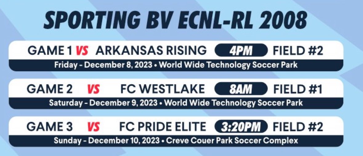 SBV_ECRL08's tweet photo. Schedule for this weekend ECNL RL STL!!! Started off the weekend strong tonight with a hard fought 3-2 win against @arkansasrising💪💪Lets keep this momentum going! @PrepSoccer @SPORTINGBV @ECNLgirls @ImCollegeSoccer @ImYouthSoccer @NcsaSoccer https://t.co/bFdxdYQ9VD