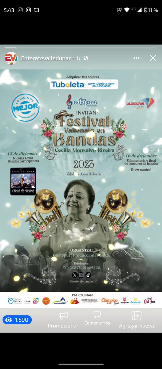 JOHNBOLIVARACOS's tweet photo. Estás imvitad@ a
LA GRAN FIESTA sera en Valledupar los días 15 y 16 de diciembre, FESTIVAL VALLENATO EN BANDAD, CECILIA MONSALVO RIVEIRA.
 Compra tu boleta en https://t.co/jQMcINeEDE en COMPAE CHIPUCO y cc Guatapuri @dieandrades @YarimeLobo @QuintinQuinter @Sanchezbaute https://t.co/tkDt3MNOpS