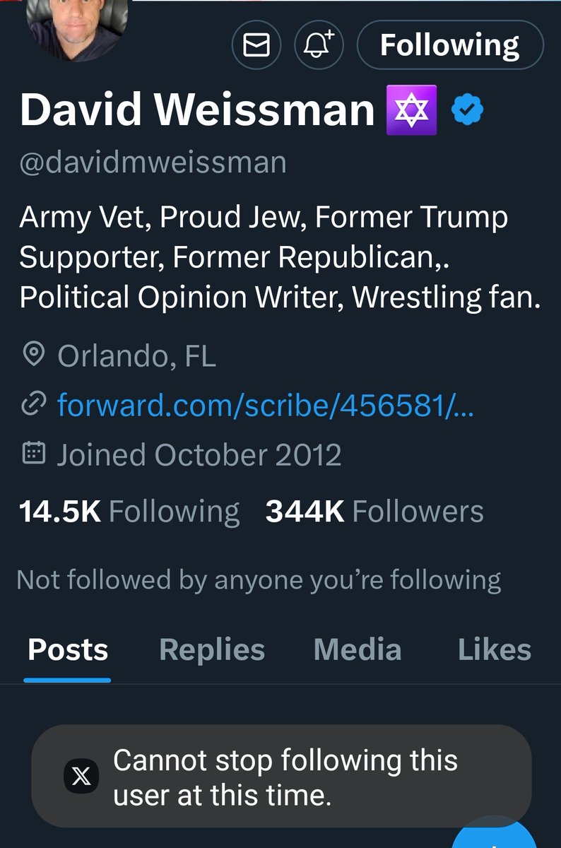 @MuellerSheWrote @7Veritas4 @MayoIsSpicyy @davidmweissman I wasn't following him but went to his account out of curiosity after seeing your comments. Sure enough, he's one of those 'Elon made me do it' accounts. I'm following him even though I didn't do it purposely. And now? I'm *not allowed* to unfollow him. 🤣