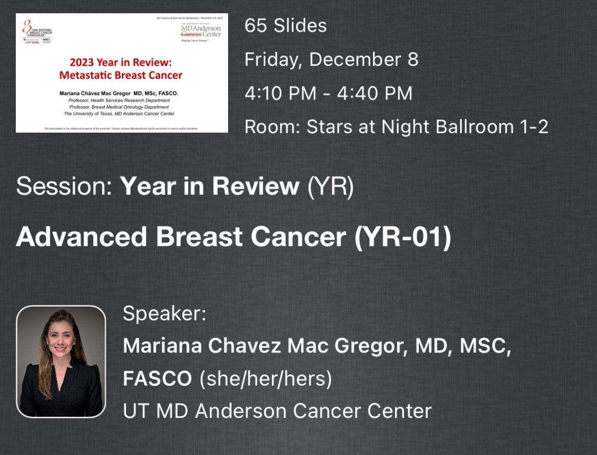 Julia Maués (@itsnot_pink) on Twitter photo Another excellent Year in Review: Metastatic Breast Cancer by #MarianaChavezMacGregor of <a href="/MDAndersonNews/">MD Anderson Cancer Center</a>. Not only did all four speakers summarize what was covered at #SABCS23, they covered everything that happened in #breastcancer research this year! Another excellent Year in Review: Metastatic Breast Cancer by #MarianaChavezMacGregor of <a href="/MDAndersonNews/">MD Anderson Cancer Center</a>. Not only did all four speakers summarize what was covered at #SABCS23, they covered everything that happened in #breastcancer research this year!