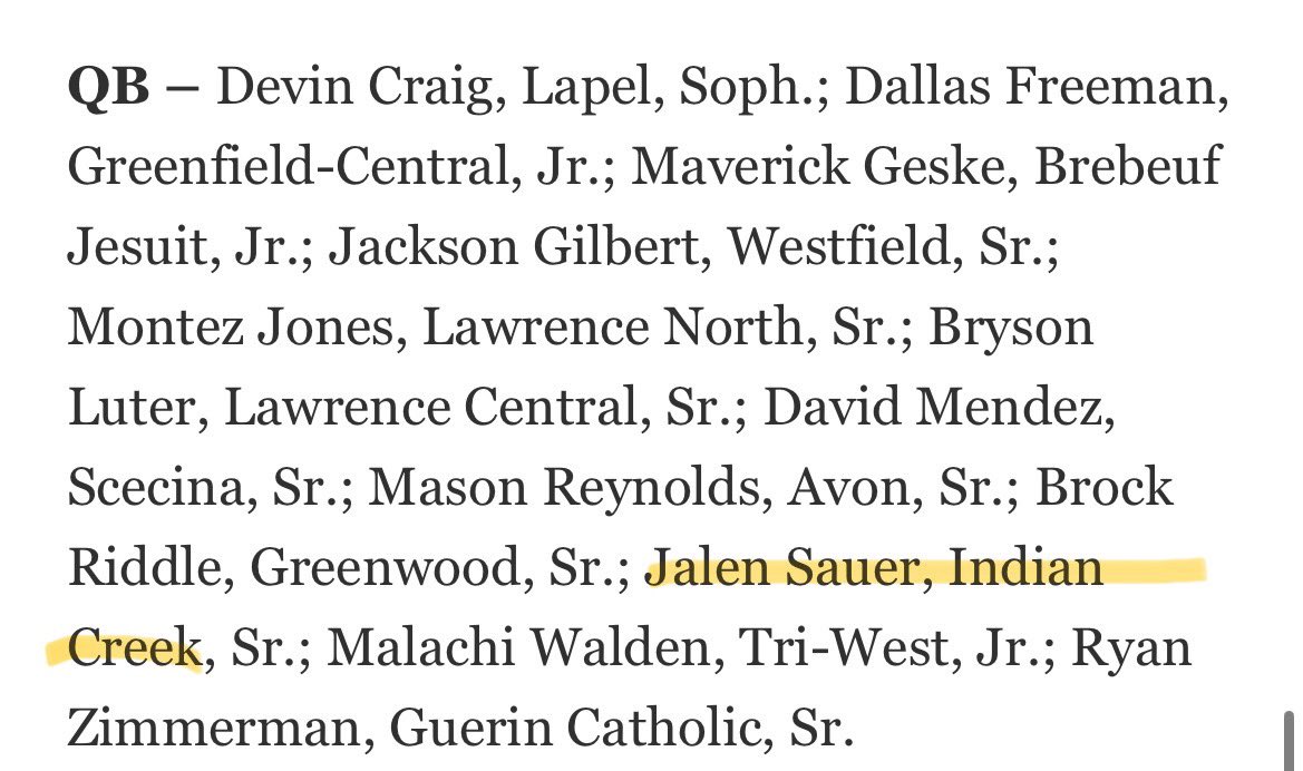 Jalen (@_jalensauer_) on Twitter photo Blessed to be named to the 3a all state team and to be a honorable mention on the <a href="/IndyStarSports/">IndyStarSports</a> super team.
<a href="/CoachHayward/">Zack Hayward</a> <a href="/gillincm/">Casey Gillin</a> <a href="/qb1ndy/">QB1 Indy</a> <a href="/IndyWeOutHere/">IndyWeOutHere ‼️</a> <a href="/IndianaPreps/">Indiana Preps</a> <a href="/PrepRedzoneIN/">Prep Redzone Indiana</a> <a href="/ICHS_Football/">Indian Creek Football</a> <a href="/ICHSAthletics/">IC Athletics</a> <a href="/TeamworkQB/">Teamwork QB</a> Blessed to be named to the 3a all state team and to be a honorable mention on the <a href="/IndyStarSports/">IndyStarSports</a> super team.
<a href="/CoachHayward/">Zack Hayward</a> <a href="/gillincm/">Casey Gillin</a> <a href="/qb1ndy/">QB1 Indy</a> <a href="/IndyWeOutHere/">IndyWeOutHere ‼️</a> <a href="/IndianaPreps/">Indiana Preps</a> <a href="/PrepRedzoneIN/">Prep Redzone Indiana</a> <a href="/ICHS_Football/">Indian Creek Football</a> <a href="/ICHSAthletics/">IC Athletics</a> <a href="/TeamworkQB/">Teamwork QB</a>