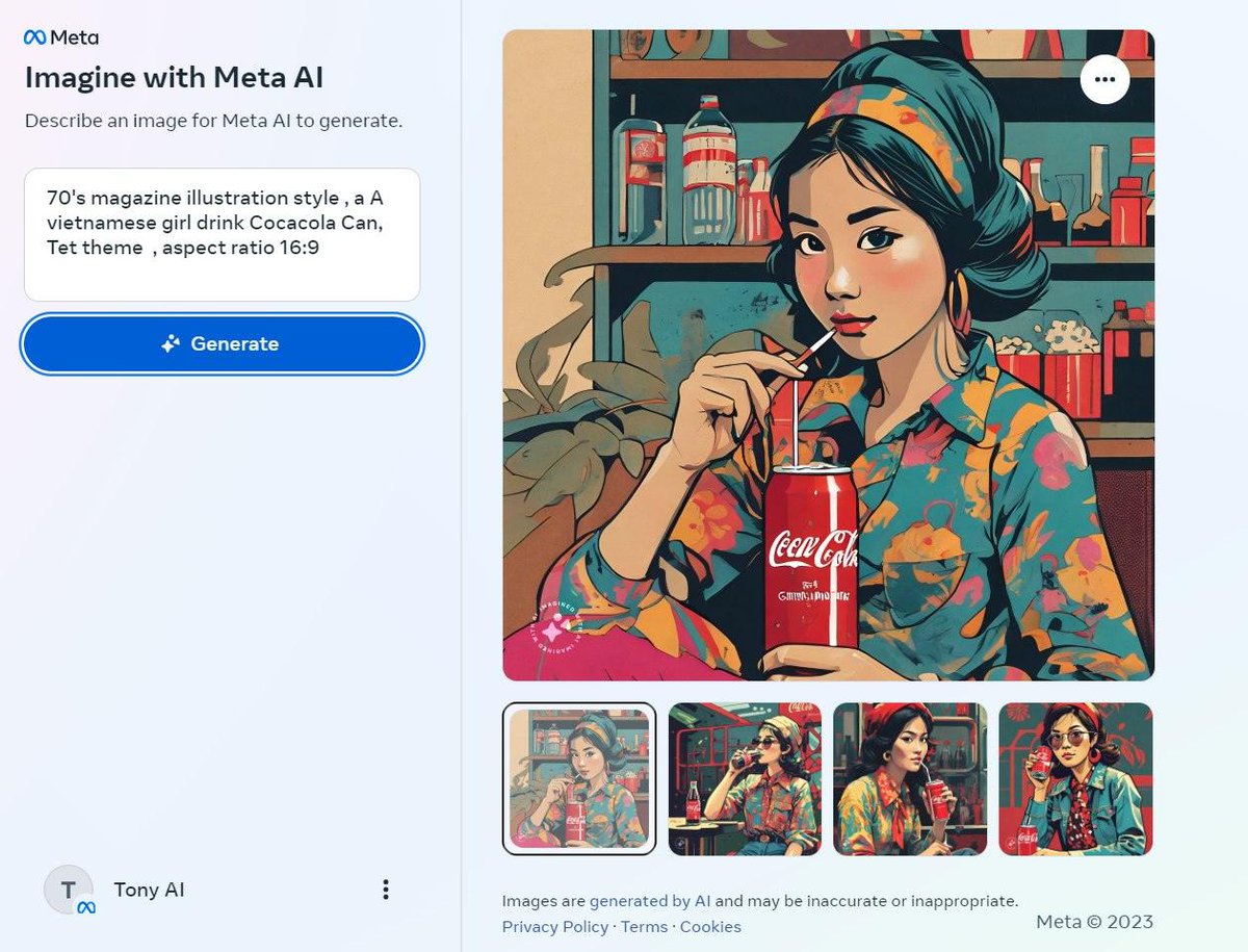 DigitalBlueDive's tweet photo. Meta's new AI 'Imagine' debuts, crafting images from 1.1B photos. Limited to 500 chars, square images, and quality not yet on par with peers like Midjourney or Dall E 3. Give it a go? https://t.co/3EItNkZF01 #MetaAI #TechNews https://t.co/Ur5UOxP0eX