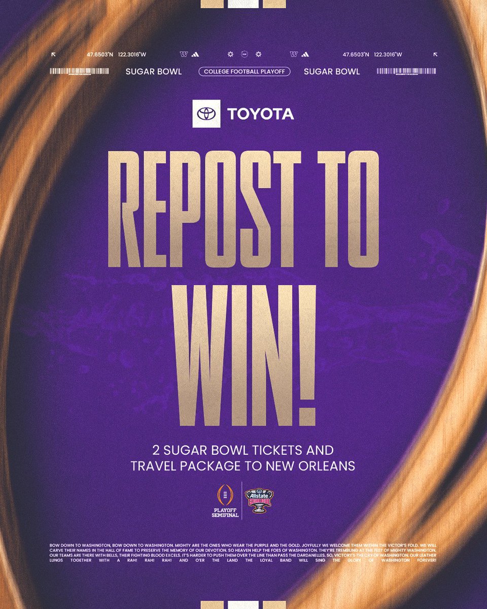 Washington Athletics (@uwathletics) on Twitter photo Repost for a chance to win a travel gift card, two-night hotel stay, and a pair of game tickets to see <a href="/UW_Football/">Washington Football</a> in the Sugar Bowl!
Terms & conditions: gohski.es/47OP6DQ Repost for a chance to win a travel gift card, two-night hotel stay, and a pair of game tickets to see <a href="/UW_Football/">Washington Football</a> in the Sugar Bowl!
Terms & conditions: gohski.es/47OP6DQ