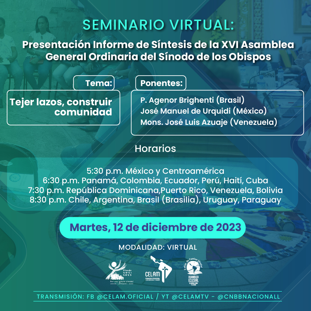 AEclesial's tweet photo. #Invitación 📌👏 Seguimos con el itinerario formativo para dar a conocer, lo más pronto posible, el Informe de Síntesis y el mensaje al Pueblo de Dios a todos los que participaron en los distintos niveles del proceso sinodal. 👉 Tejer lazos, construir comunidad
Martes, 12 -12-23 https://t.co/rnsoEPmoWe