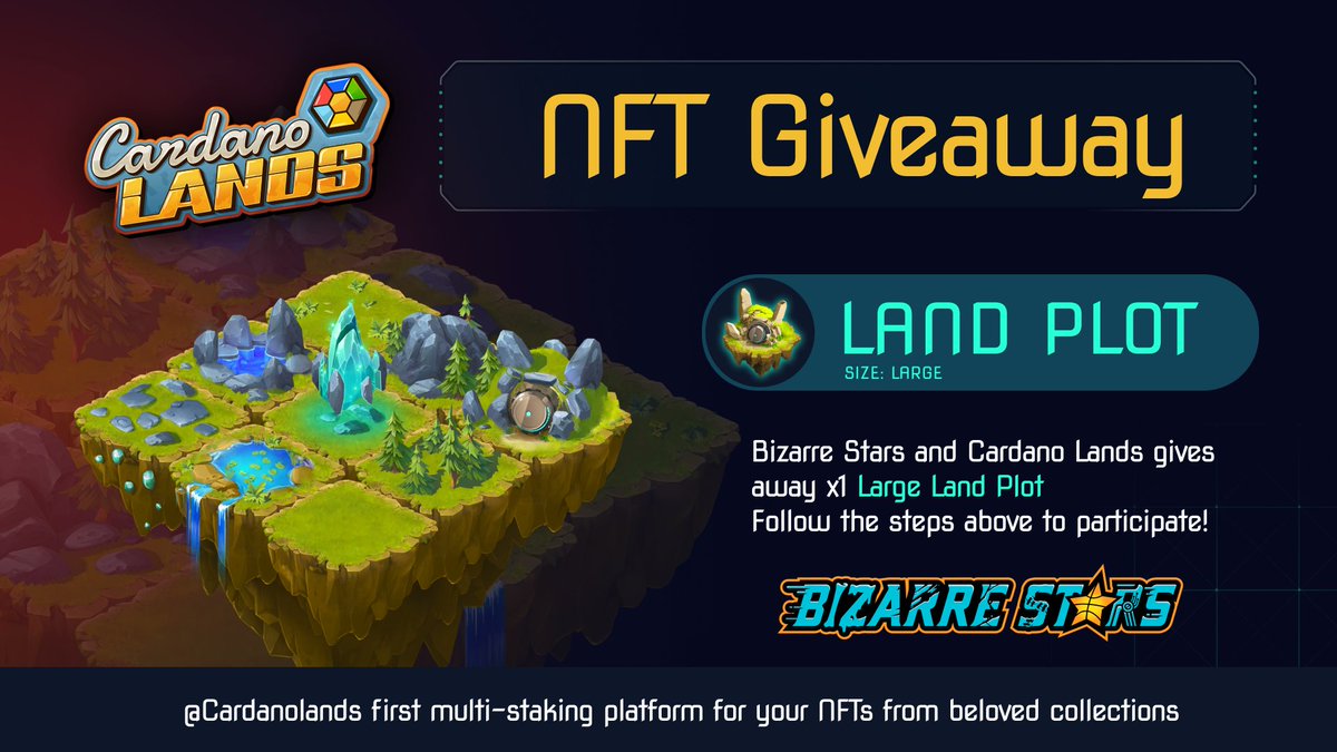 In celebration of the Cardano Lands Mint, we are giving away 1x Large Cardano Lands Parcel! 

How to enter:
✅Follow <a href="/BizarreStarsNFT/">Bizarre Stars</a> and <a href="/CardanoLands/">CardanoLands</a>
✅Repost &amp; ❤️
✅Comment your $ADA Address
✅Join Discord: discord.com/invite/j96FevH… 

#CNFTGiveaway #GiveawayNFT #NFTCommunity