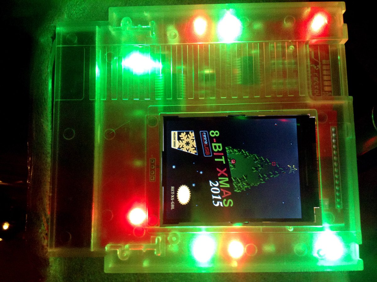 matthewhenzel's tweet photo. Holiday decorations. #RetroUSB 8-Bit XMAS 2017 cart (with blinking lights and an LCD display (for labels). It worked great at launch, but following bios updates made it buggy AF. Maybe someday it'll get fixed. Until then I recommend playing it on a Famiclone and not the #AVS. https://t.co/SJNkNpqzkQ