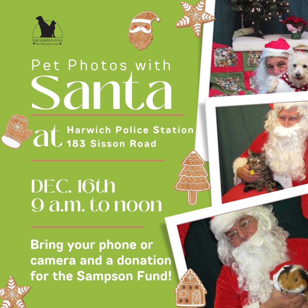SampsonFund's tweet image. 12/16 from 9 a.m. to noon, get your pet a photo with Santa at the Harwich Police Station! We welcome dogs, cats, and other critters. Bring your phone/camera to take the photo. Please kindly bring a donation to the Sampson Fund.

#harwichMA  #capecodMA #fridayvibes #dogswithsanta