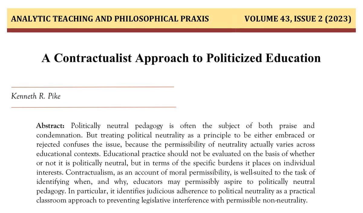 📣 New paper from my <a href="/sac_at_fit/">SAC at Florida Tech</a> colleague Kenneth R. Pike, “A Contractualist Approach to Political Education,” in the latest issue of Analytic Teaching and Philosophical Praxis: journal.viterbo.edu/index.php/atpp…