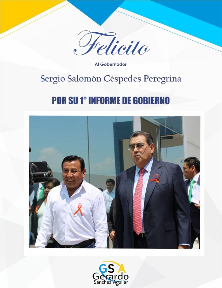 📌 Envío mis felicitaciones al Gobernador de nuestro Estado de Puebla, <a href="/SergioSalomonC/">Sergio Salomón</a> por su 1er Informe de Gobierno. 

¡Enhorabuena por los resultados en beneficio de los Poblanos!👏🏼