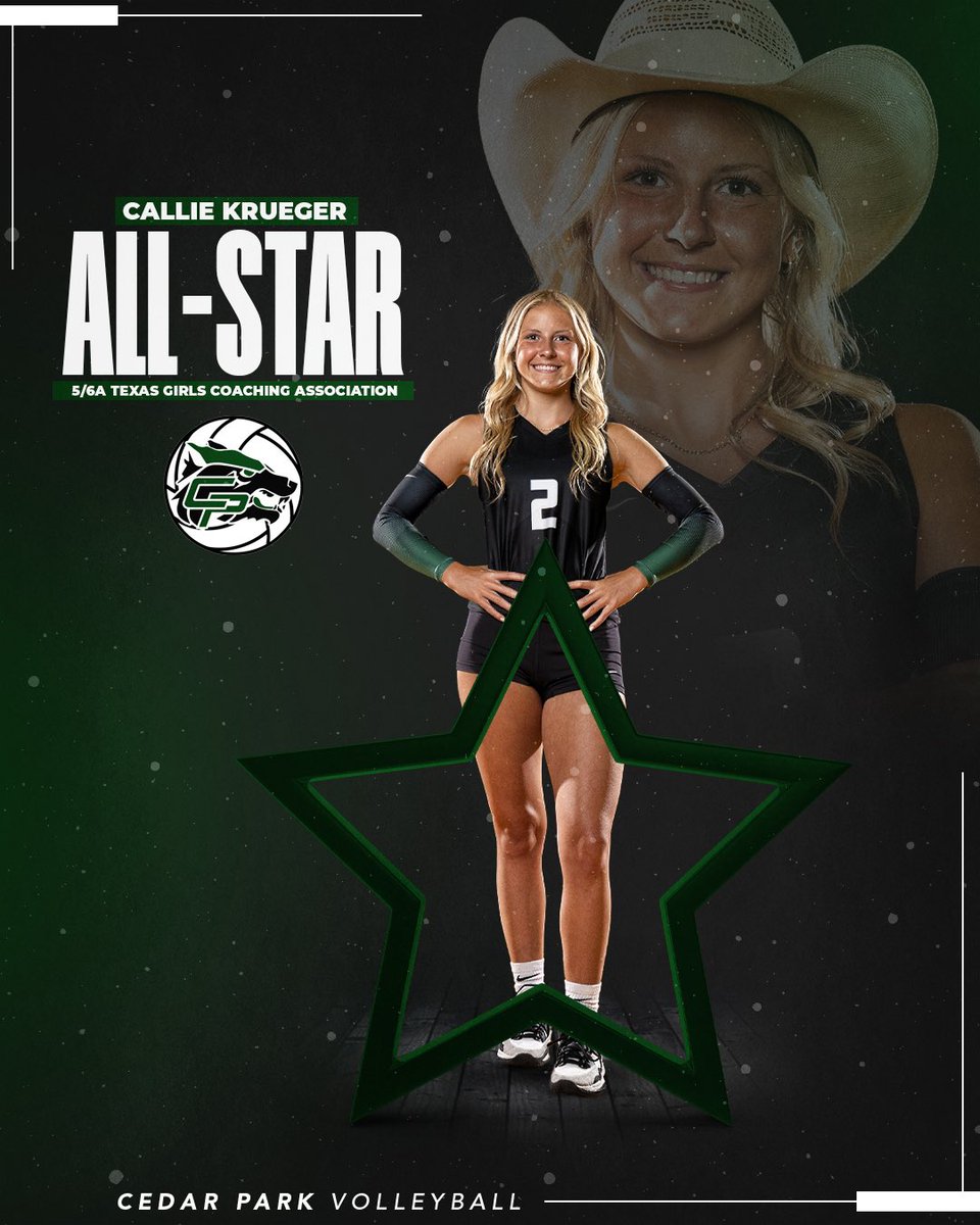 Cedar Park HS 🏐Ball (@cphsvb2018) on Twitter photo Congrats to Callie Krueger for getting selected to the TGCA 5/6A All Star Team. Loaded roster & the game will be at the end of June. Let’s GO 💚🐺#CPProud #TheStandard #ForthepackWiththepack @CPHS_TWolves <a href="/CPHS_Sports/">CPHS Sports</a> @LISD_AD <a href="/j_wo24/">Jennifer Womack</a> @LISDActivities <a href="/AustinTGCA/">TGCA</a> Congrats to Callie Krueger for getting selected to the TGCA 5/6A All Star Team. Loaded roster & the game will be at the end of June. Let’s GO 💚🐺#CPProud #TheStandard #ForthepackWiththepack @CPHS_TWolves <a href="/CPHS_Sports/">CPHS Sports</a> @LISD_AD <a href="/j_wo24/">Jennifer Womack</a> @LISDActivities <a href="/AustinTGCA/">TGCA</a>