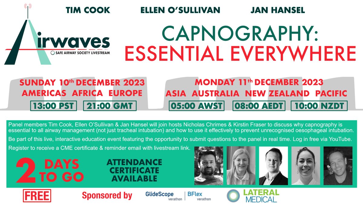 Airwaves (@airwaveslive) on Twitter photo 2 days until our free, interactive panel discussion on capnography & preventing unrecognised oesophageal intubation.
Register to receive a reminder email with the livestream link & an attendance certificate.
safeairwaysociety.org/eventdetails/2… 2 days until our free, interactive panel discussion on capnography & preventing unrecognised oesophageal intubation.
Register to receive a reminder email with the livestream link & an attendance certificate.
safeairwaysociety.org/eventdetails/2…