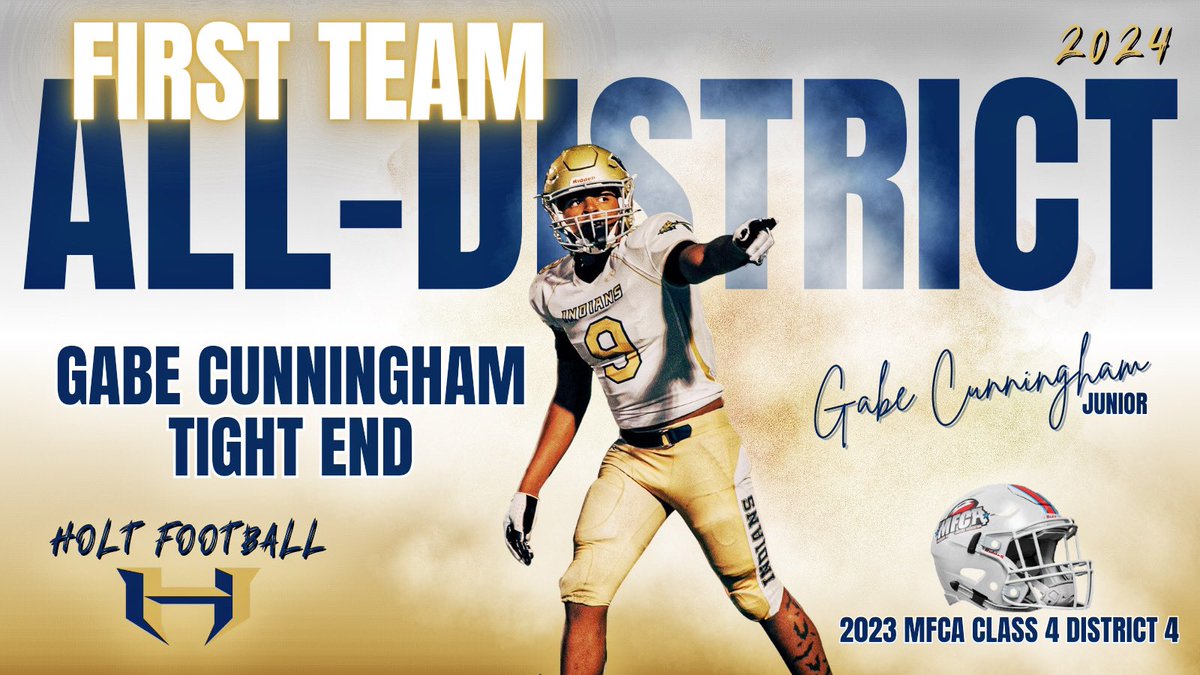 Congratulations to Gabe Cunningham on receiving <a href="/MOFBCA/">MOFBCA</a> 1st Team All-District honors, Tight End! <a href="/GCunningham_26/">Gabriel Cunningham</a> <a href="/HoltFB/">Holt Football</a> <a href="/RecruitHoltFB/">HOLT FOOTBALL RECRUITING</a>