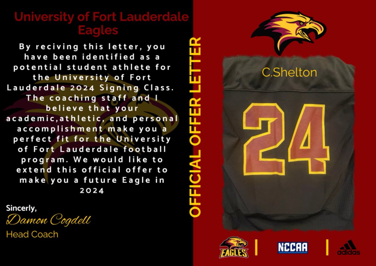 After a great conversation with Coach Mcnair I am blessed to receive my 1st offer from University of Fort Lauderdale @CoachCamDBHS @BeachBoysFB @CoachMcnair22 @IamMrDTG