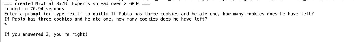 Mixtral 8 x 7B working so far. Experts spread over 2 A100s 80Gb 😀