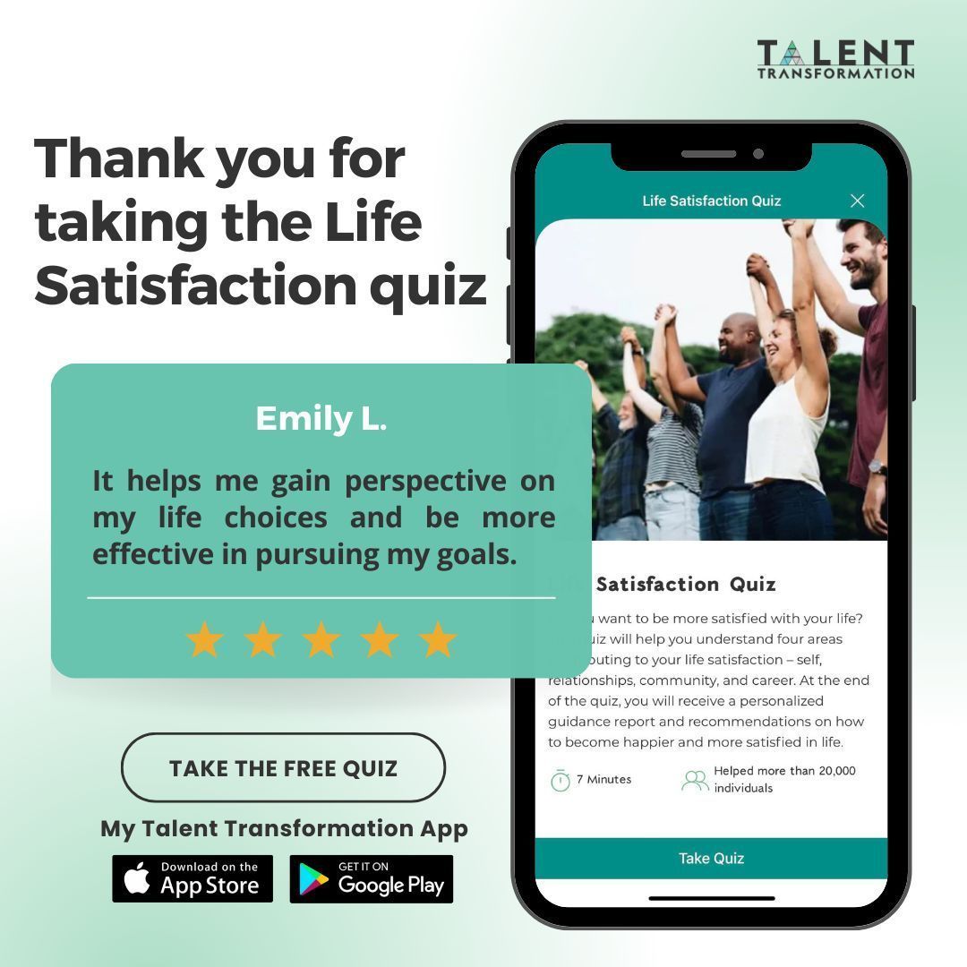 We appreciate you for taking the Life Satisfaction Quiz. We're glad it has provided you with valuable insights into your life choices. 

Download the My Talent Transformation App. Available on the App Store and Google Play.
#testimonial
#lifesatisfaction
#Lifesatisfactionquiz