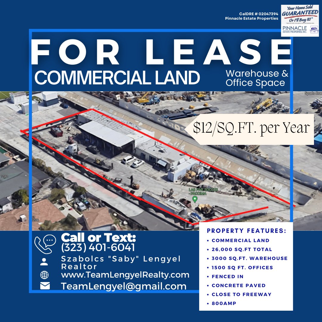 LEASED COMMERCIAL LAND IN PACOIMA (323) 401-6041 Team Lengyel/Pinnacle Estate/Properties/CalDRE#02047394 #teamlengyel #SecondMileService #warehouse #areaexpert #realestate #realestateagent #office #space