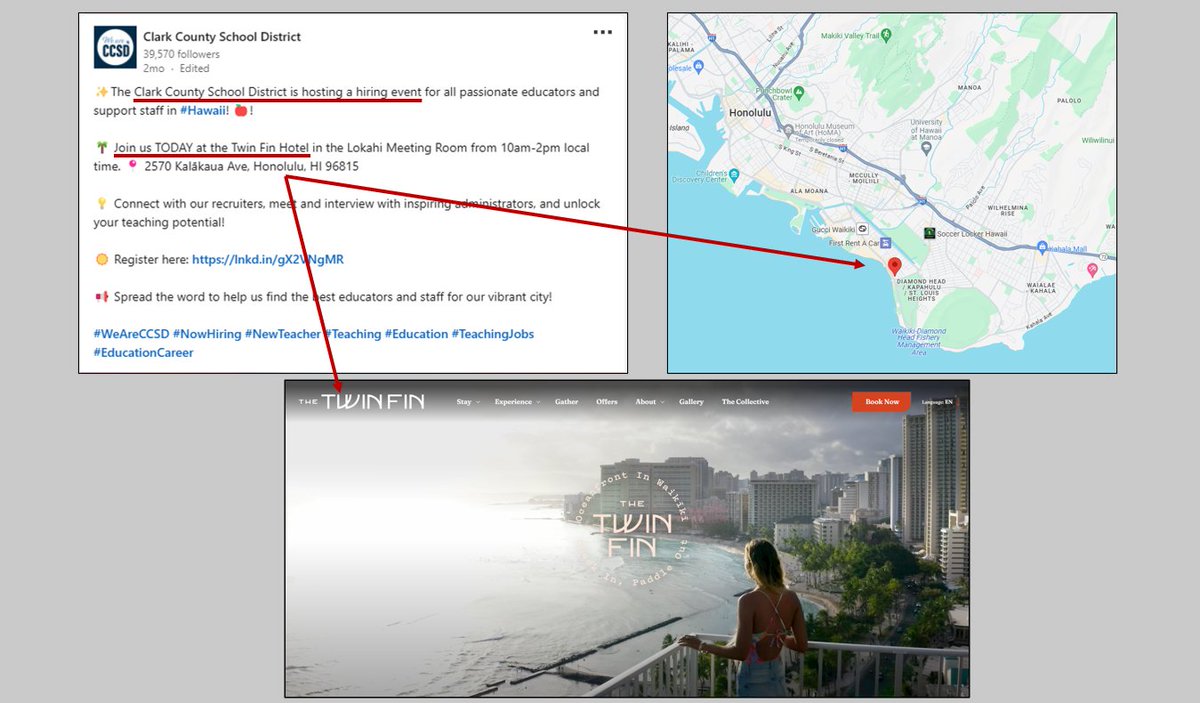 It wasn't just Miami Beach. 🌴

They also hosted their own 4-hour 'hiring event' at a hotel on Waikiki Beach in Honolulu, Hawaii.🏖️

Are all the good teachers hanging out on the beach on a weekday in Hawaii in September??? 🤔
#CCSD #NVed