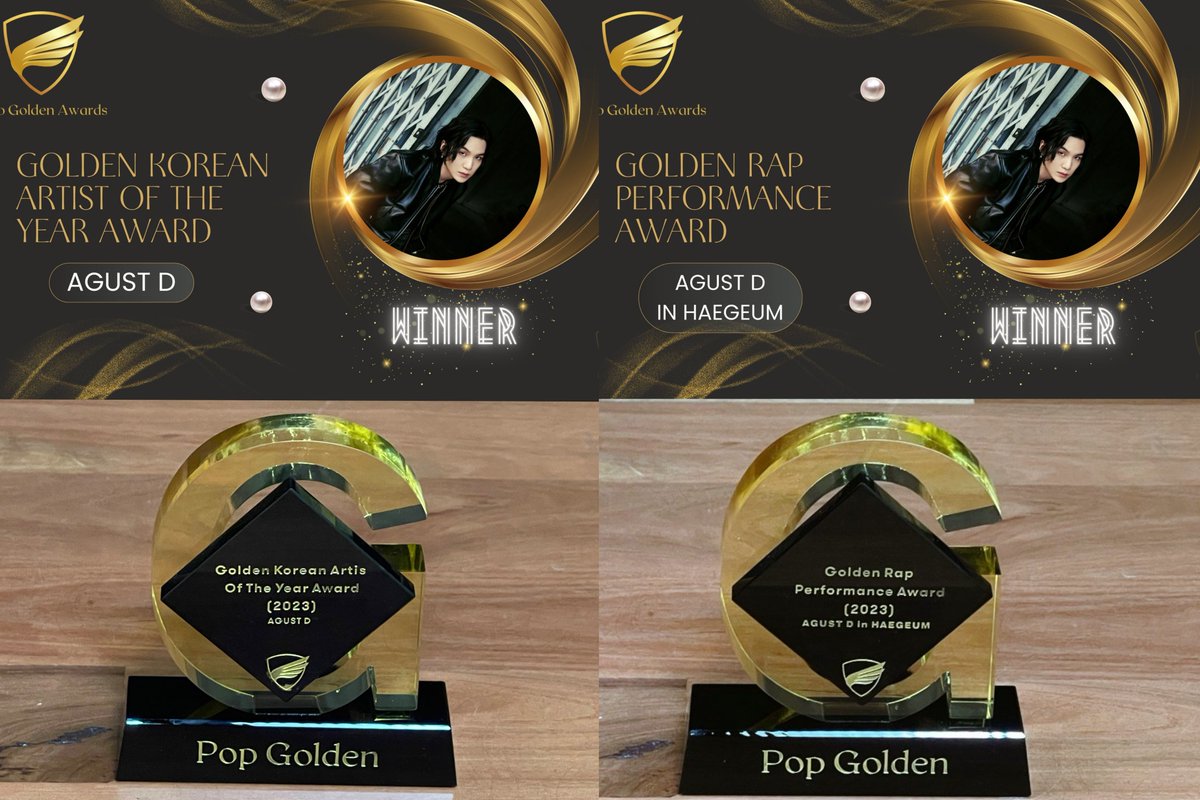 winnttaebear's tweet photo. POP GOLDEN AWARDS 2023

Haegeum by Agust D
🏆 Golden Rap Performance Of The Year 2023

Agust D
🏆 Golden Korean Artist of the Year 2023 

CONGRATULATIONS SUGA
CONGRATULATIONS AGUSTD
#POPGOLDENAWARDS2023 https://t.co/leoeOYwlqC