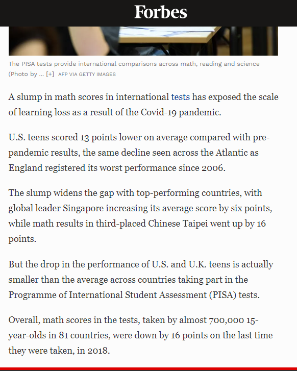 i_Drohi's tweet photo. US teens math scores dropped by 13 points compared to pre-pandemic (same as UK). German teens lost 27 points.
World leader Singapore gained +6 pts, and Taiwan double digits
#mathscores https://t.co/NUpEQTXwYd