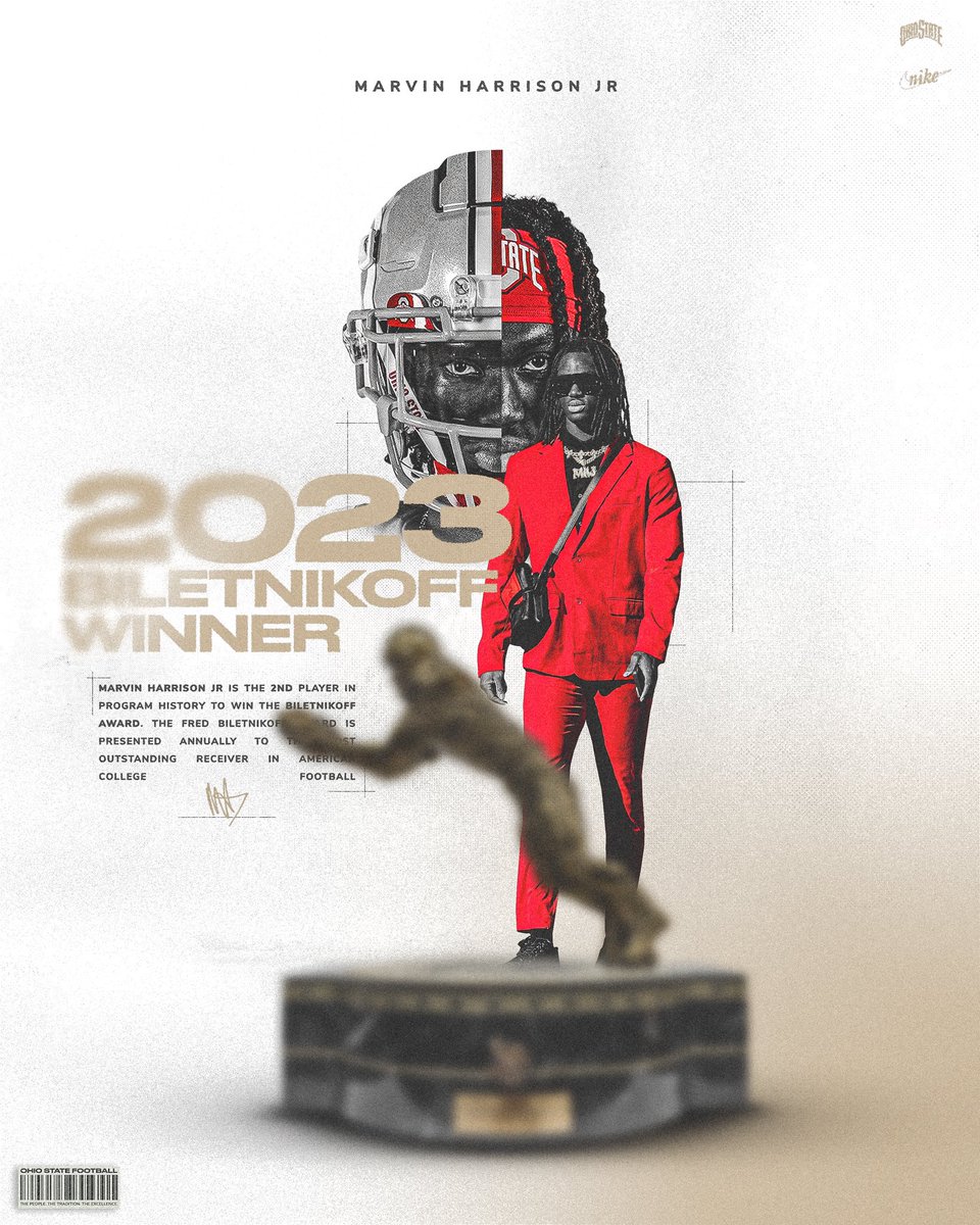 OhioStateFB's tweet image. 𝗕𝗶𝗹𝗲𝘁𝗻𝗶𝗸𝗼𝗳𝗳 𝗠𝗮𝗿𝘃 🏆
      
2023 Most Outstanding Receiver in College Football, @MarvHarrisonJr 💯