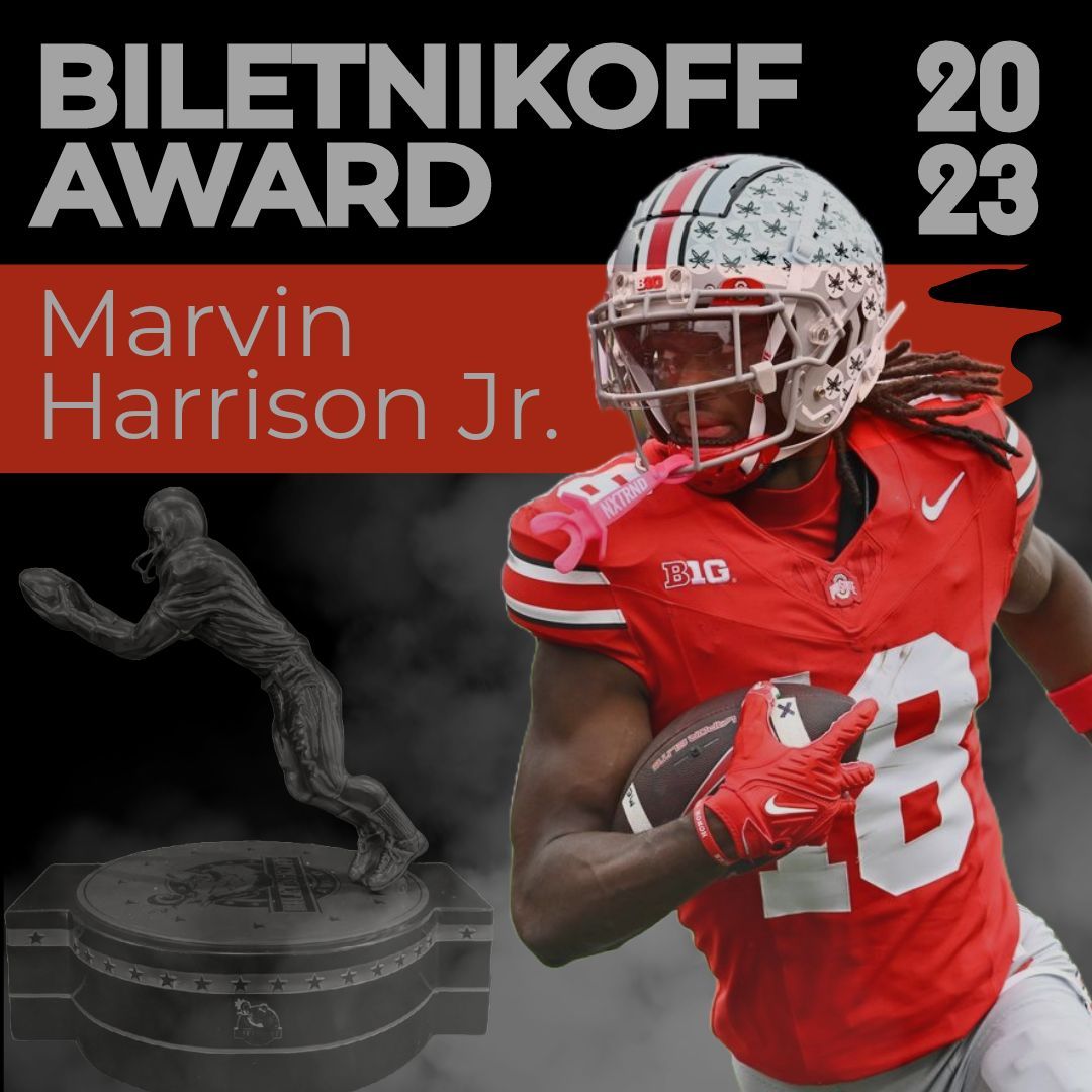 biletnikoffawrd's tweet image. Congratulations to All-America receiver @MarvHarrisonJr, winner of the prestigious Biletnikoff Award by a thrilling 1-vote margin, tied for closest in BA history! The BA recognizes the CFB season's outstanding FBS receiver at any position. #OutstandingReceiver #NCFAA