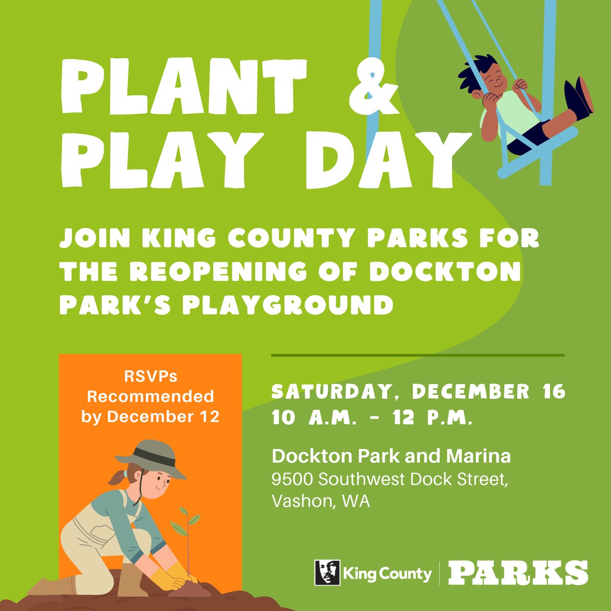 Celebrate the opening of the new playground at Dockton Park and Marina (located on Vashon Island) with King County Parks and help plant some of the playground's new native plants on Saturday, Dec. 16, 10 am – 12 pm. 

More info: bit.ly/docktonplayday