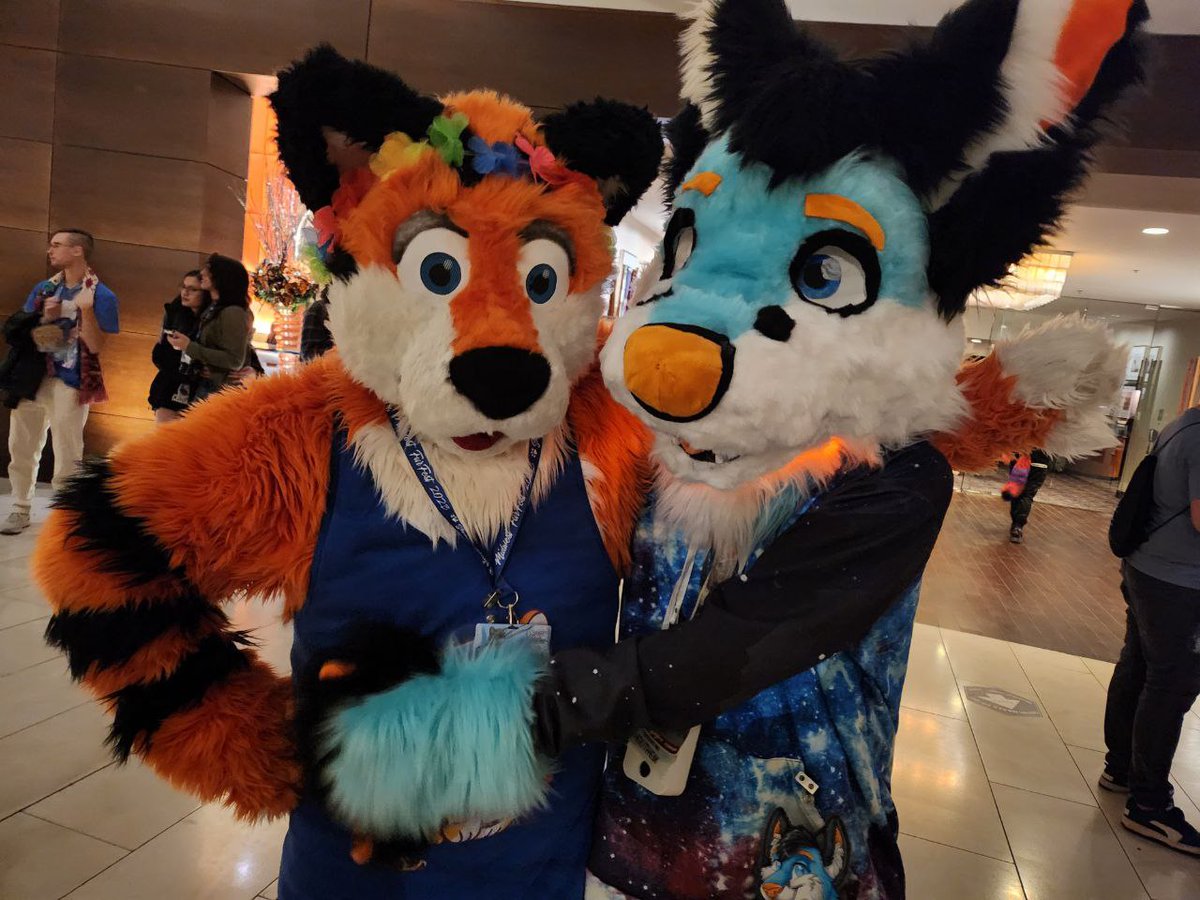 CloudyObsession's tweet photo. MFF Fursuit pictures for #FursuitFriday!! A week ago I got to take DayGlo the Fox (my fursuit) to his first convention!

First pics are the folks I recognize!
@norfdog @FzzyTiger iBolt07 TahoeWolf @MortTheUnwise

Suit by @Zin_Stone
Photos by @JimmyWuff https://t.co/PiRSf01smM
