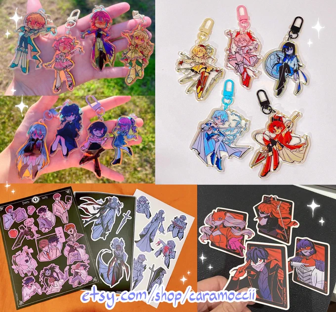 [rts ] my sh0p is live! restocked on project sekai and madoka charms, persona 5 /vampire oc/ sansmaeda stickers hope to have more death note sticker sheets in the next week  Iink below 