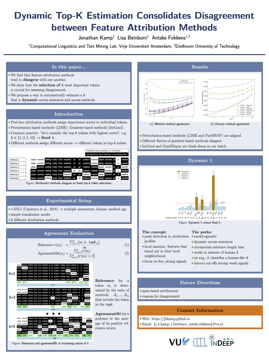 Interested in post-hoc explanation methods? Swing by our #EMNLP2023 poster today at 10:30 to chat about their (dis)agreement and the implications of selecting the top-k most important tokens! 
(arxiv.org/abs/2310.05619)