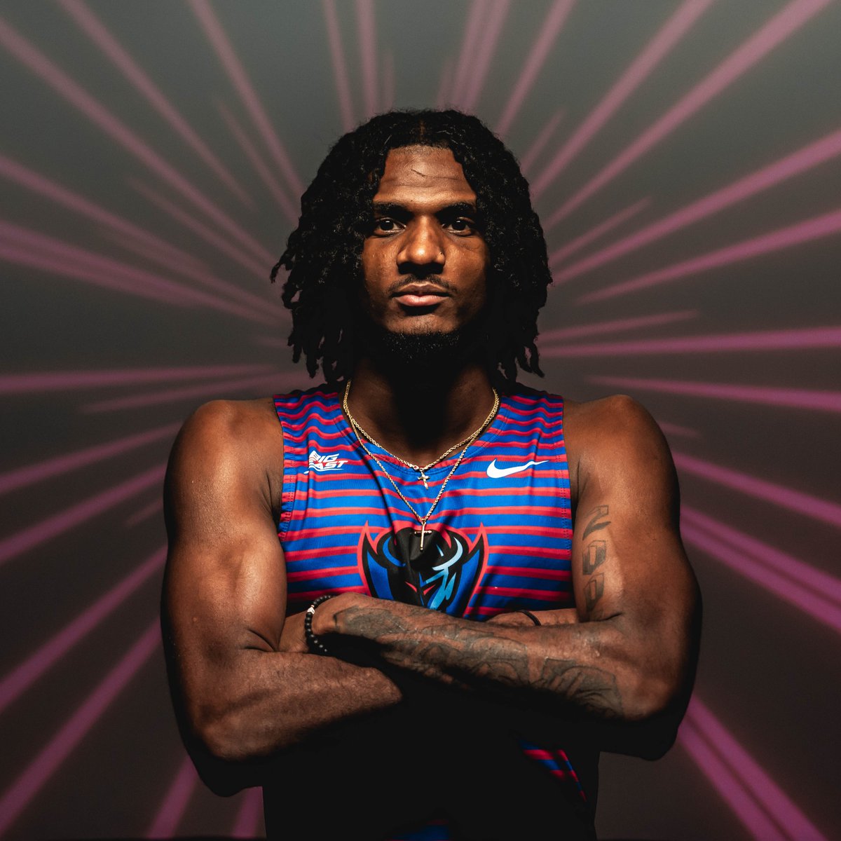 DePaulXCTF's tweet photo. Paul Goins makes his debut in the scarlet and royal blue earning 🥇 in the men's 60m hurdles with a final time of 8.13! 

#BlueGrit🔵😈 https://t.co/Nu23Kf9QVI
