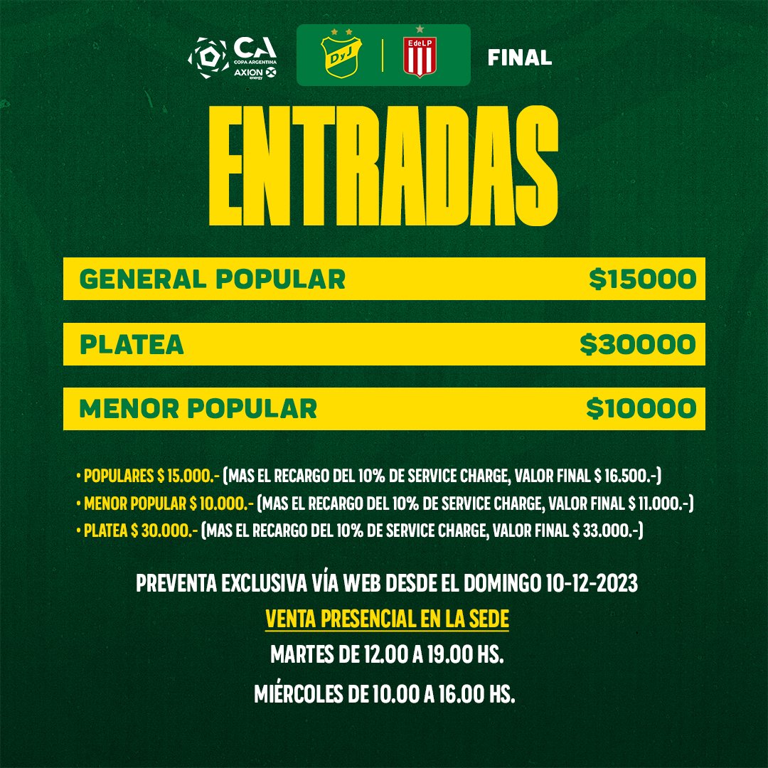 #CopaArgentinaAXIONAenergy
Atención
🎟️ 𝗩𝗘𝗡𝗧𝗔 𝗗𝗘 𝗘𝗡𝗧𝗥𝗔𝗗𝗔𝗦 𝗣𝗔𝗥𝗔 𝗟𝗔 𝗙𝗜𝗡𝗔𝗟

#DefensayJusticia vs. #Estudiantes

🎟️ PREVENTA VIA WEB - DOMINGO 10-12-2023 a partir de las 12 hs.

🔗
ventas.autoentrada.com/t/deporte

📍 VENTA PRESENCIAL  Y CANJE DE QR | 
MARTES DE 12.00