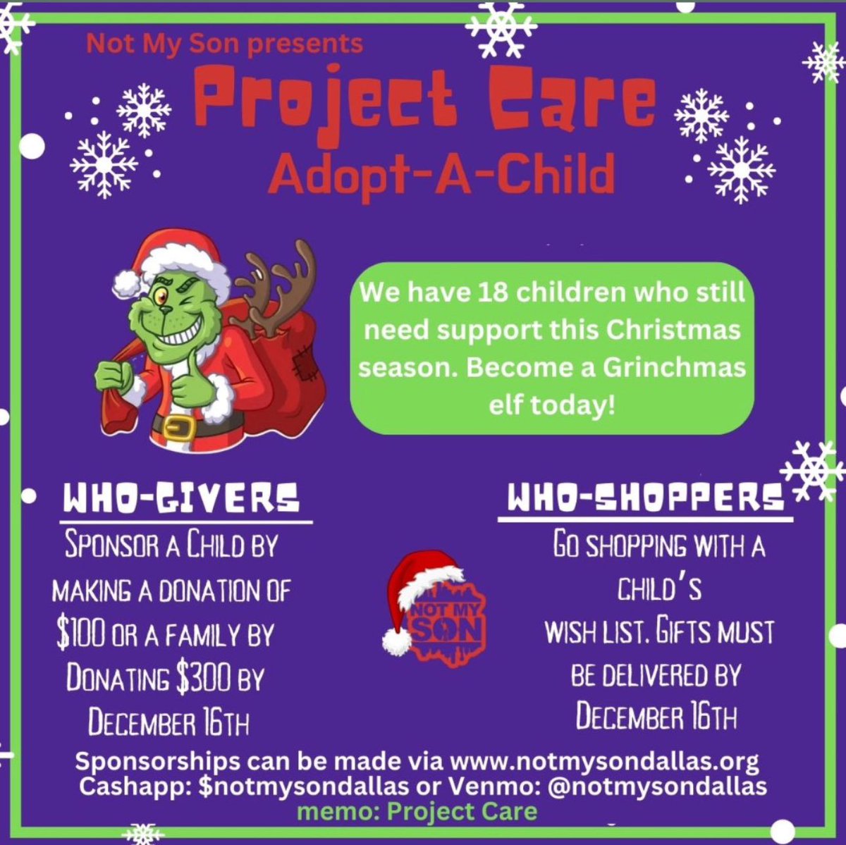⏰ Urgent Call to Action! ⏰ This holiday season, children and families need your help. Join Not My Son and make an immediate impact by shopping or adopting. Time is of the essence—visit notmysondallas.org now to donate. Let's bring warmth and joy to those in need! 🌟🎁