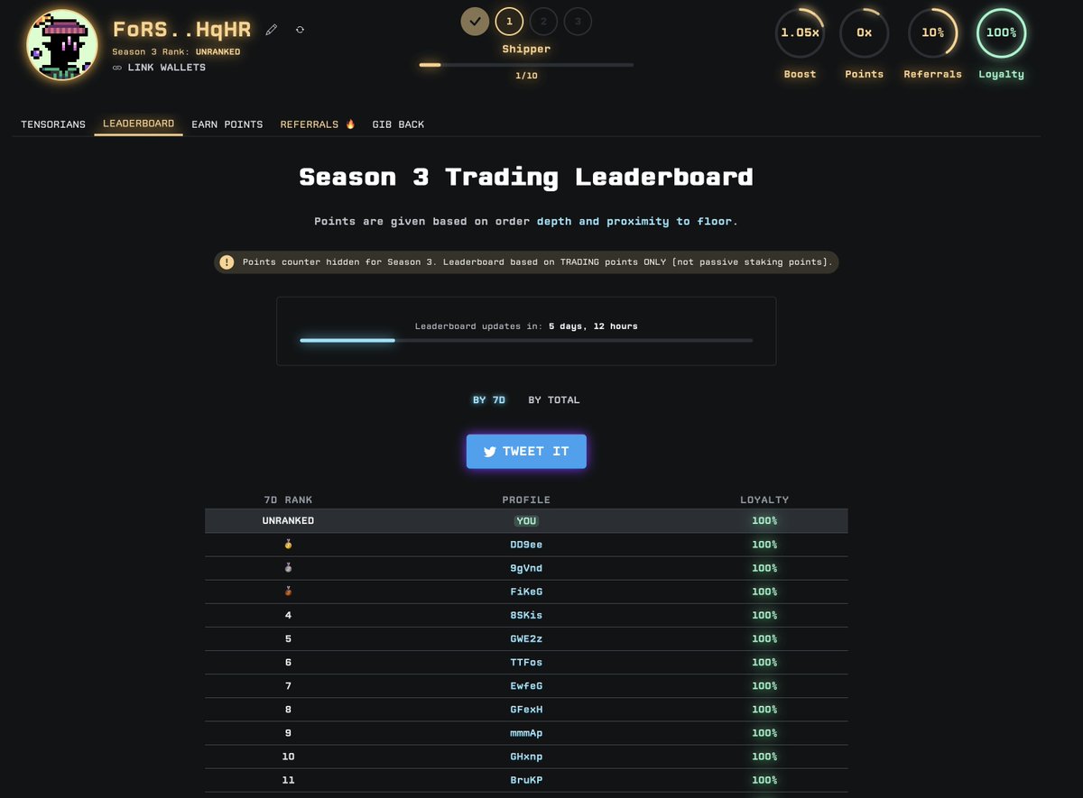 1/15

So let's dig into <a href="/tensor_hq/">Tensor ⚡️</a> the BLUR of Solana..

Joining through a ref earns you 5% extra points:
tensor.trade/accept?ref=UFM…

Why should you join? If you want to farm the airdrop, than ideally you want to be early here before all the bots destroy the opportunity..