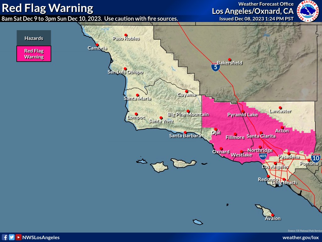 NWSLosAngeles's tweet photo. Red Flag Warning in Effect 8AM Sat - 3PM Sun, for much of Ventura/LA Counties due to #SantaAnaWinds NE winds 20-40 mph, gusts 40-60 mph &amp; very dry air. Red Flag Fire Conditions mean fires can start easily, spread rapidly, &amp; exhibit extreme fire behavior. #socal #cafirewx #cawind https://t.co/bTE3S5xcWJ