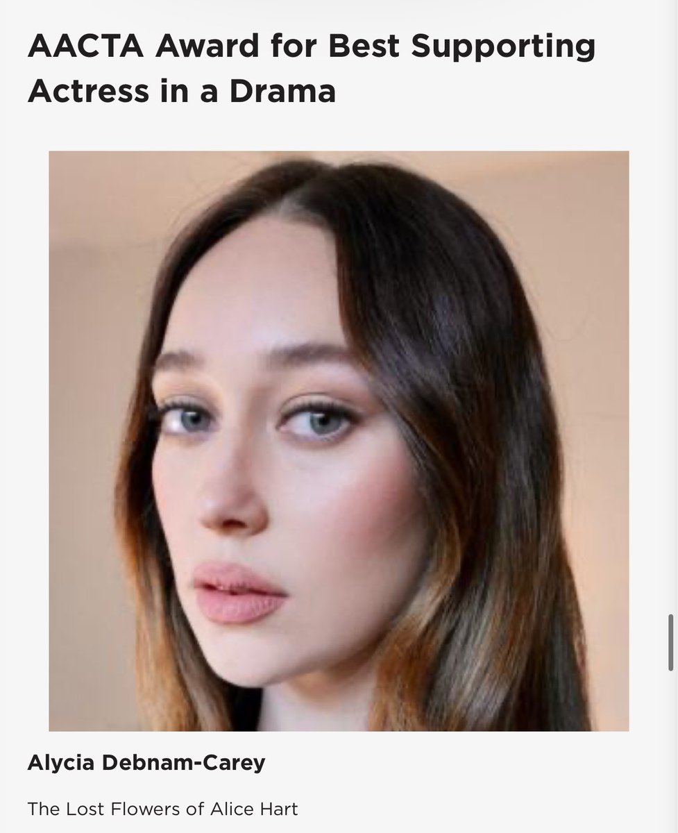 theDebnamNews's tweet photo. Alycia @DebnamCarey is nominated for an @AACTA Award for Best Supporting Actress in a Drama for her role in #TheLostFlowersOfAliceHart. The series received 12 nominations including Best Miniseries. 

The awards are voted on by members of the AACTA and will take place in February. https://t.co/wzjMeQNHcH