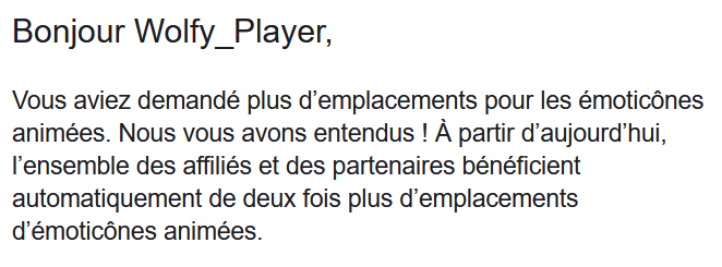 Wolfy_Player's tweet photo. Après quasiment deux ans à en réclamer davantage pour les affiliés, un merci à @TwitchFR de pouvoir enfin nous donner la  possibilité de récompenser encore plus nos abonnées avec de nouvelles émotes sympas qui représentent nos biens aimantent communautés ! 💙 https://t.co/rDRVIXPrv5