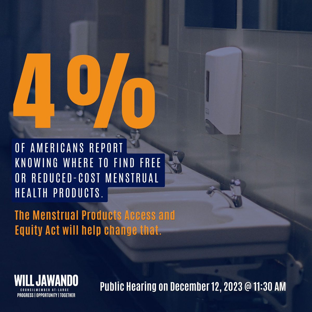 CMJawando's tweet image. Menstrual products are basic hygienic necessities just like toilet paper and soap. Access to these products is limited in public spaces. Only 4% of Americans report knowing where to find free or reduced-cost products. I&apos;ve introduced a bill to change that in Montgomery County.
