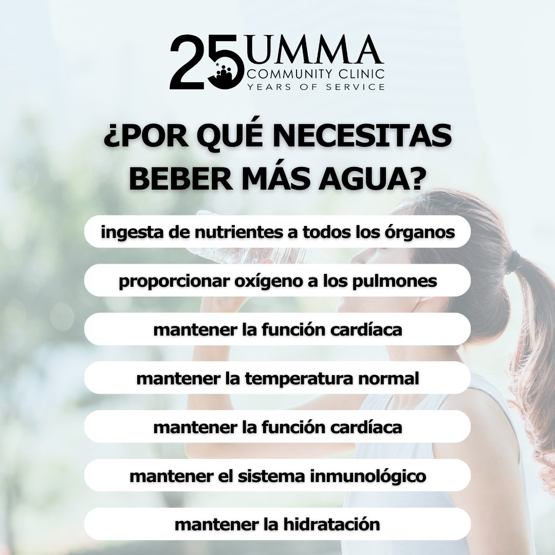 Todos los días, uno pierde de 8 a 12 vasos de agua a través de la respiración, la transpiración y las deposiciones y orina. ¡Porfavor recuerde mantenerse hidratado por estas importantes razones!