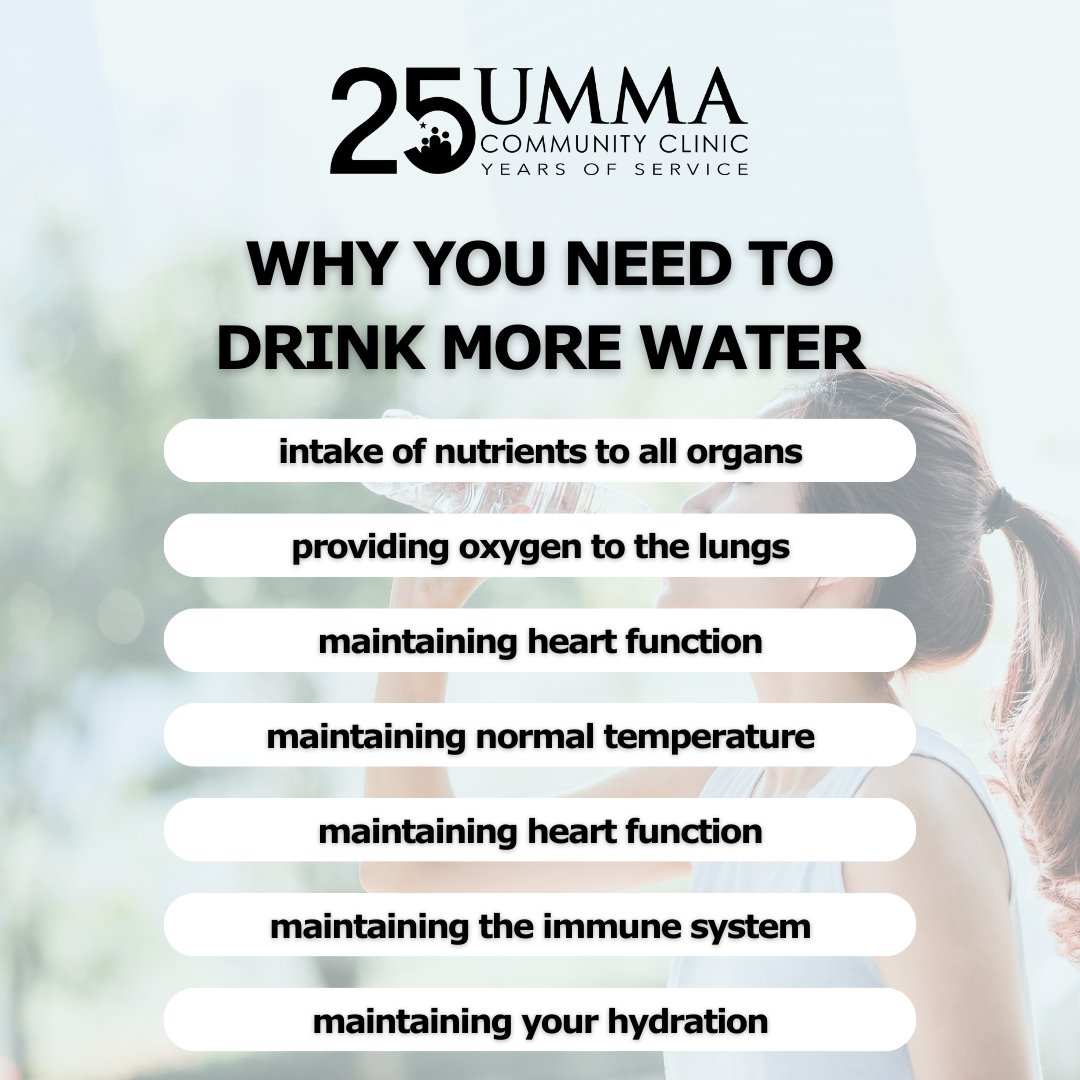 Every day, you lose 8 to 12 cups of water through breathing, perspiring, and urine and bowel movements. Please remember to stay hydrated for these important reasons!