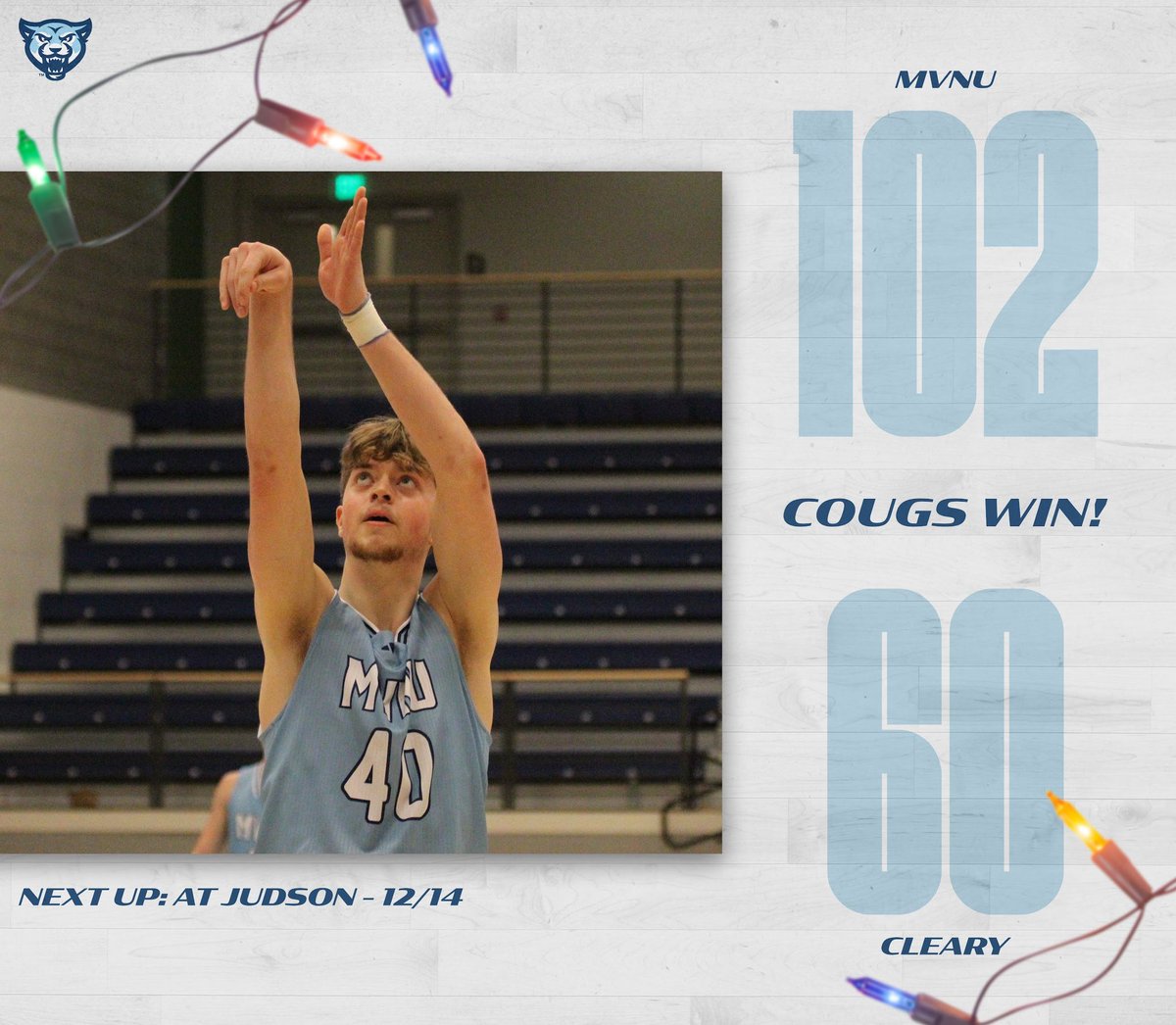MVNU Athletics (@mvnu_cougars) on Twitter photo Starting the holiday break with a 102-60 win over Cleary! <a href="/RULECougar/">MVNU Basketball</a> is back in action at Judson in Elgin, Illinois next Thursday! Starting the holiday break with a 102-60 win over Cleary! <a href="/RULECougar/">MVNU Basketball</a> is back in action at Judson in Elgin, Illinois next Thursday!