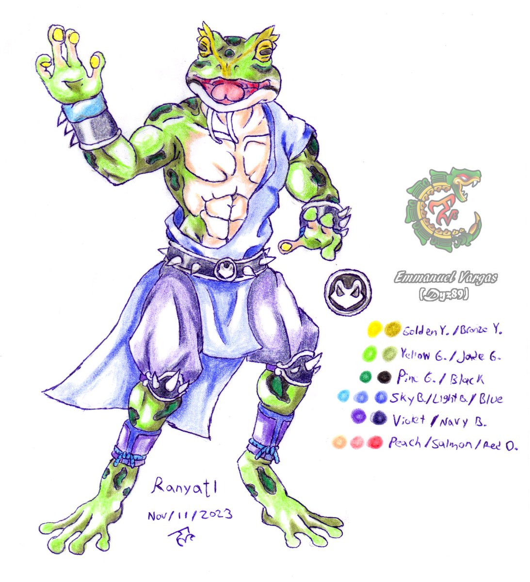 I received a compliment today which made me happy! so while i work on a commission, lets show off Ranyatl colored X3! inspired by an Northern leopard frog and several martial artist from my childhood, hope you enjoy! Tomorrow i'll post the last member