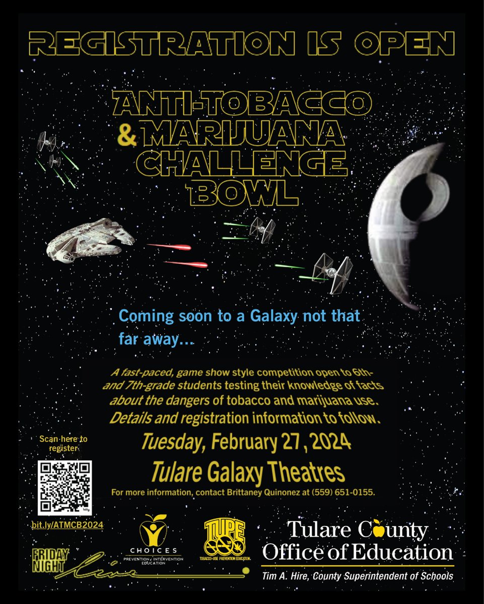 Sixth- and seventh-grade teachers - register for the annual Anti-Tobacco &amp; Marijuana Challenge Bowl! We'll provide you with the curriculum to prepare for the countywide competition on February 27 at Tulare Galaxy Theatres. Space is limited; register at bit.ly/ATMCB2024!
